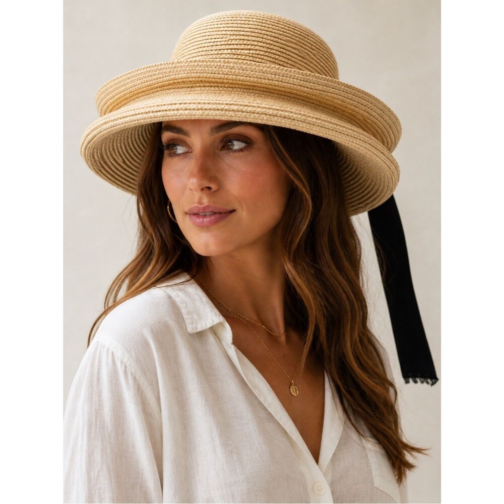 Helen Kaminski Raffia Straw Hat Wide Brim Bow Tie Natural Made Australia
